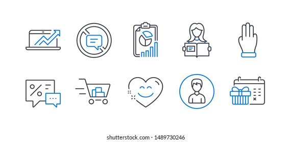 Set of Business icons, such as Woman read, Smile chat, Report, Shopping cart, Discounts, Person, Three fingers, Sales diagram, Stop talking, Christmas calendar line icons. Line woman read icon. Vector