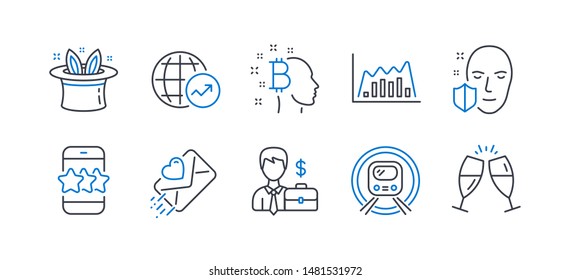 Set of Business icons, such as World statistics, Love letter, Star, Metro subway, Infographic graph, Businessman case, Hat-trick, Face protection, Bitcoin think, Champagne glasses. Vector