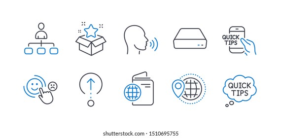 Set of Business icons, such as World travel, Human sing, Loyalty program, Travel passport, Swipe up, Management, Customer satisfaction, Mini pc, Education, Quick tips line icons. Vector