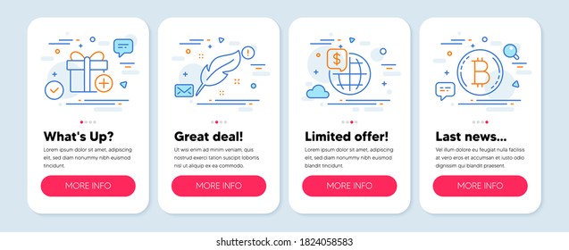 Set of Business icons, such as World money, Feather, Add gift symbols. Mobile screen banners. Bitcoin line icons. Global markets, Nib pen, Present box. Cryptocurrency coin. World money icons. Vector