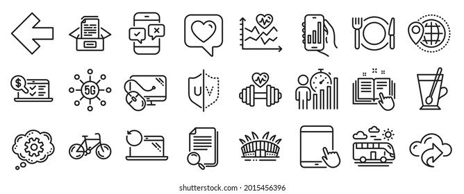 Set of Business icons, such as World travel, Documents box, Cloud share icons. Analysis app, Left arrow, Uv protection signs. Phone survey, Computer mouse, Online accounting. Heart. Vector