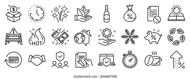 Set of Business icons, such as Wrong file, Time, Handshake icons. Sun energy, Laptop insurance, Increasing percent signs. Work home, Loan, Hot sale. Beer bottle, Snowflake, Post package. Vector
