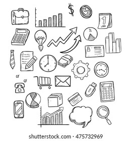 set of business icons using doodle art or hand drawing style