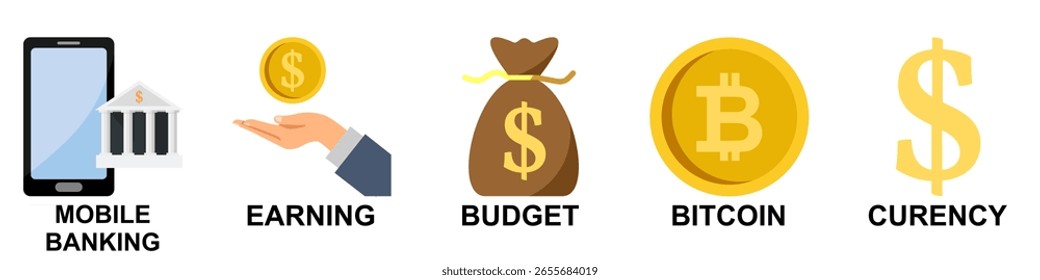 Conjunto de vetores de ícones de negócios, incluindo banco móvel, ganhos, orçamento, bitcoin e moeda. Ideal para ilustrações de finanças, fintech, aplicativos de criptografia, ferramentas de economia e economia digital.