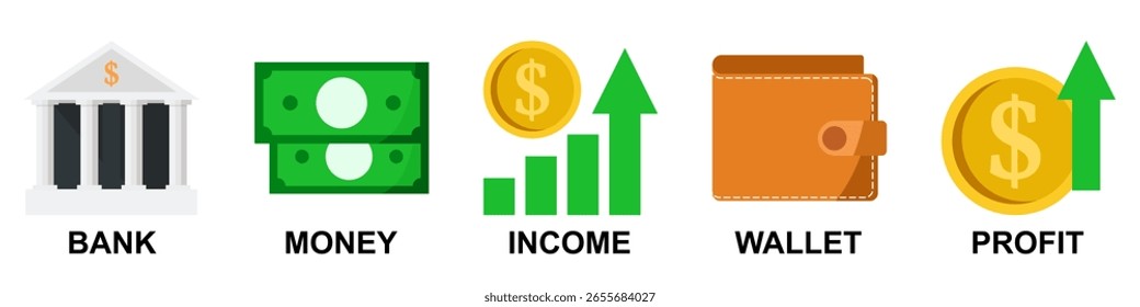 Set of business icons vector including bank, money, income, wallet, and profit. Perfect for finance apps, economy infographics, accounting visuals, and online payment illustrations.