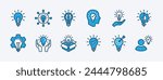 Set of business idea icon vector. Containing light bulb, thinking out of the box, innovation, creativity. Lamp with brain, head, connection, gear settings, checkmark, target and goal management. 