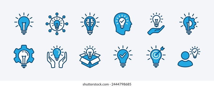 Set of business idea icon vector. Containing light bulb, thinking out of the box, innovation, creativity. Lamp with brain, head, connection, gear settings, checkmark, target and goal management. 