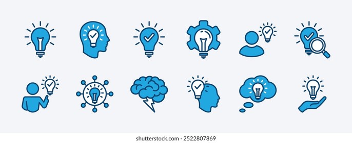 Conjunto de Vector de ícono de idea de negocio. Contiene innovación, bombilla, inspiración, creatividad, lluvia de ideas, inteligencia, pensamiento, invención, creativo, solución, ilustración mental