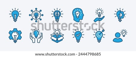 Set of business idea icon vector. Containing light bulb, thinking out of the box, innovation, creativity. Lamp with brain, head, connection, gear settings, checkmark, target and goal management. 