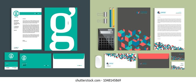 Set of Business identity design templates. Stationery set -  Letterhead A4 template, name card (3,5 x 2), envelope (8.66 x 4.33), presentation folder(9 x 12). Vector illustration.