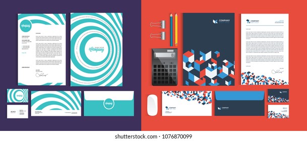 Set of Business identity design templates. Stationery set -  Letterhead A4 template, name card (3,5 x 2), envelope (8.66 x 4.33), presentation folder(9 x 12). Vector illustration.