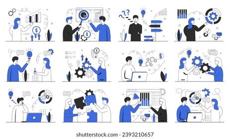 Set Business illustrations. big set. Collection of scenes with men and women taking part in business activities. Vector illustration in blue color on a white background.