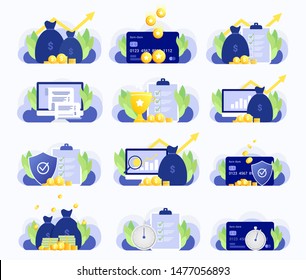 Set of business illustrations. Financial growth and goals, Earn point, Cash back, Electronic invoice, Reward program, insurance, investment and others. Trendy flat style. Vector illustration.