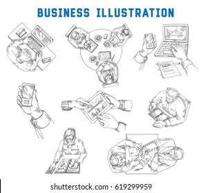 set of business illustrations, a manager at work, signing a contract, working on a tablet and a computer