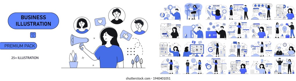 SET Business illustrations. Mega set. Collection of scenes with men and women taking part in business activities. Trendy vector style. Blue color bu