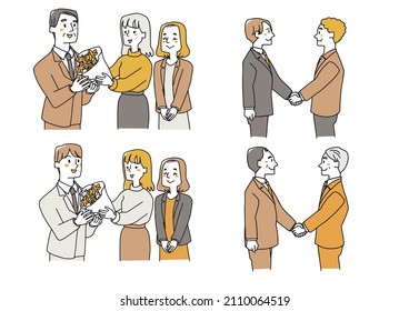 A set of business illustrations that can be used for encounters and farewells. A warm hand-painted person with a vector on a white background.