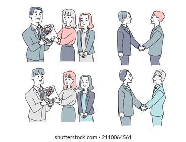 A set of business illustrations that can be used for encounters and farewells. A warm hand-painted person with a vector on a white background.