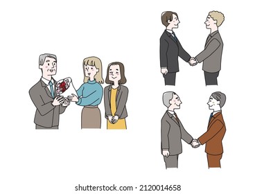 A set of business illustrations that can be used for encounters and farewells. A warm hand-painted person with a vector on a white background.