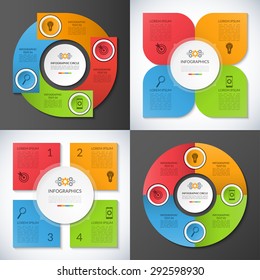 Set of business infographic circles, banners, templates, design elements. Can be used for presentation, workflow layout, brochure, chart, number and step up options, web design. Vector illustration