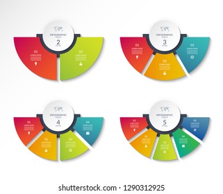 Set of business infographic semi circle templates with 2, 3, 4, 5 options. Can be used as a chart, workflow layout, diagram, data visualization, minimalistic web banner.