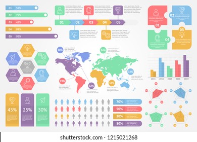 set of business infographic template vector design with flat color modern concept and analytics icons, bar, circle, step, timeline, frequency, database, statistic, people pupulation report , world map