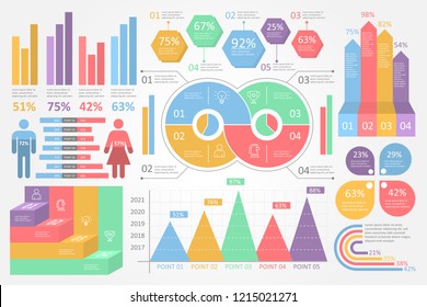 set of business infographic template vector design with flat color modern concept and analytics icons, bar, circle, step, timeline, frequency, database, statistic, people pupulation report 