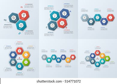 Set of business infographic templates with 3-8 steps, processes, parts, options.