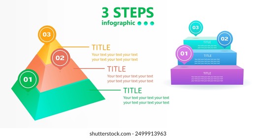 A set of business infographics of 3 steps in the form of a pyramid and a ladder. 3 D. Vector illustration.