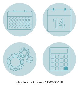 Set of business infographics. 4 elements. Calendar, calculator, calendar, options. Object outlines. All objects in round white frames