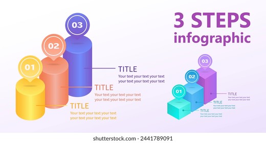 A set of business infographics consisting of two staircases. 3 steps to success. 3 D. Vector illustration.