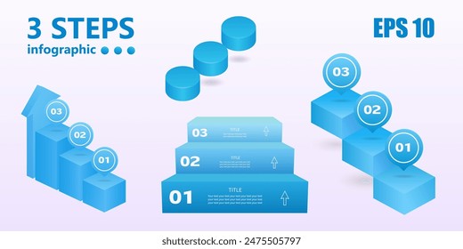 A set of business infographics in the form of various stairs of 3 steps. 3 D. Vector illustration.