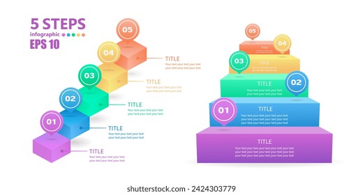 Un conjunto de infografías empresariales para sitios web, presentaciones e informes. Escaleras de 5 escalones. 3 D. Ilustración vectorial.