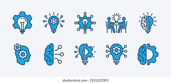 Conjunto de Vector de ícono de innovación empresarial. Luces brillantes con tecnología de engranajes. Contiene bombilla, idea, inspiración, creatividad, cerebro, creatividad, inteligencia, solución, invención, pensamiento