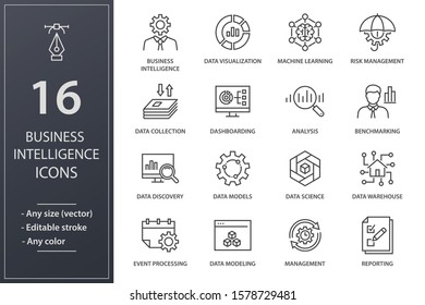 Set Of Business Intelligence Icons, Such As Machine Learning, Data Modeling, Visualization, Risk Management And More. Editable Stroke.