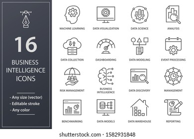 Set of business Intelligence icons, such as machine learning, data modeling, visualization, risk management and more. Editable stroke.