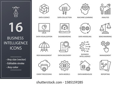 Set of business Intelligence icons, such as machine learning, data modeling, visualization, risk management and more. Editable stroke.