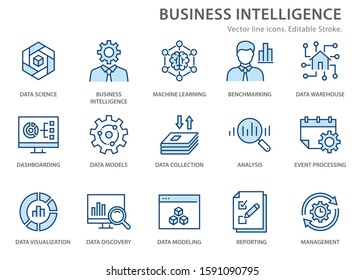 Set of business Intelligence icons, such as machine learning, data modeling, visualization, risk management and more. Editable stroke.