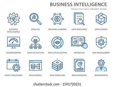 Set of business Intelligence icons, such as machine learning, data modeling, visualization, risk management and more. Editable stroke.