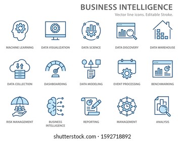 Set of business Intelligence icons, such as machine learning, data modeling, visualization, risk management and more. Editable stroke.