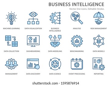 Set of business Intelligence icons, such as machine learning, data modeling, visualization, risk management and more. Editable stroke.