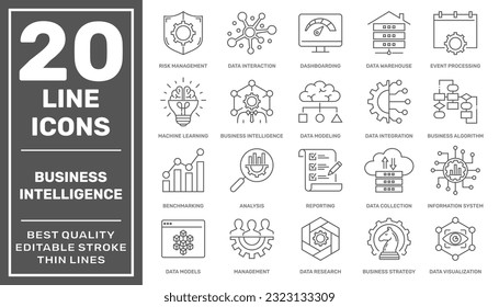 Set of Business Intelligence icons, such as machine learning, data modeling, visualization, risk management, data modeling, data research and more. Editable stroke. EPS 10