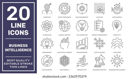 Set of business Intelligence icons, such as machine learning, data modeling, visualization, risk management and more. Business Intelligence tools in business area. UI, web, Editable stroke. EPS  10