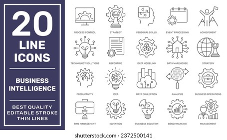 Set of business intelligence icons such as business solutions, data modeling, visualization, management and more different. High quality. Editable stroke. EPS 10