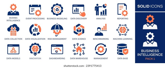 Conjunto de iconos de Business Intelligence, como el aprendizaje automático, el modelado de datos, el análisis de rendimiento, la gestión de riesgos y más. Ilustración vectorial. Cambia fácilmente a cualquier color.