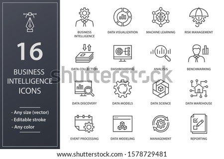 Set of business Intelligence icons, such as machine learning, data modeling, visualization, risk management and more. Editable stroke.