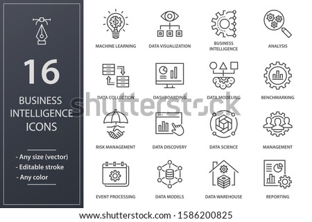 Set of business Intelligence icons, such as machine learning, data modeling, visualization, risk management and more. Editable stroke.