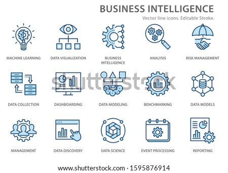 Set of business Intelligence icons, such as machine learning, data modeling, visualization, risk management and more. Editable stroke.