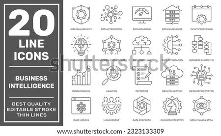 Set of Business Intelligence icons, such as machine learning, data modeling, visualization, risk management, data modeling, data research and more. Editable stroke. EPS 10