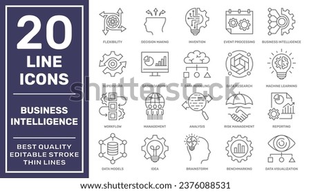 Set of business Intelligence icons, such as machine learning, data modeling, visualization, risk management and more. Editable stroke. EPS 10
