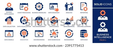 Set of business Intelligence icons, such as machine learning, data modeling, benchmark, risk management and more. Vector illustration. Easily changes to any color.